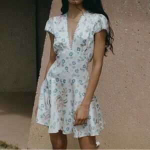 Doen Dianne Silk V Neck Puff Short Sleeve Mini Dress Blue Ivory Hollyhock Hills